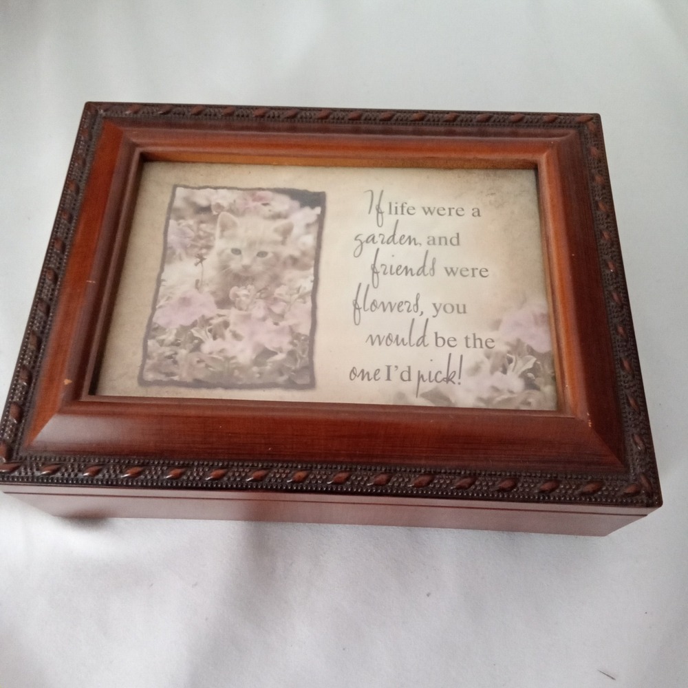 Cottage Garden Musical Jewelry Box Kitten Friendship Quote Wood Finish MB1343